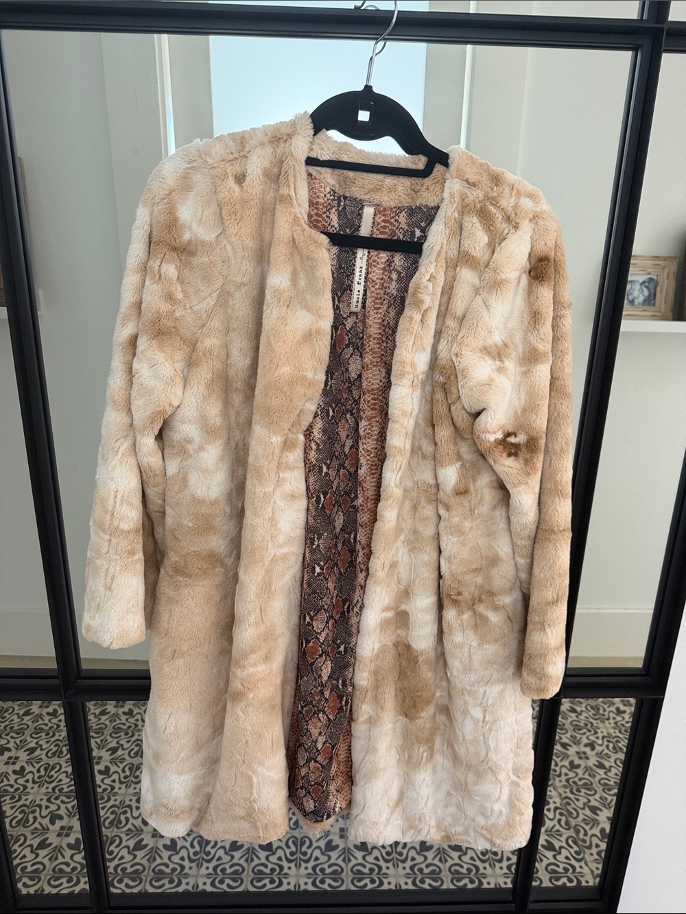 Uncle Frank Cream-Tan Faux Fur Open Front Coat with Snake-Print Lining